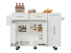 Isla central de cocina - carrito con ruedas y plancha retráctil - 2 cajones y 2 puertas - Blanco
