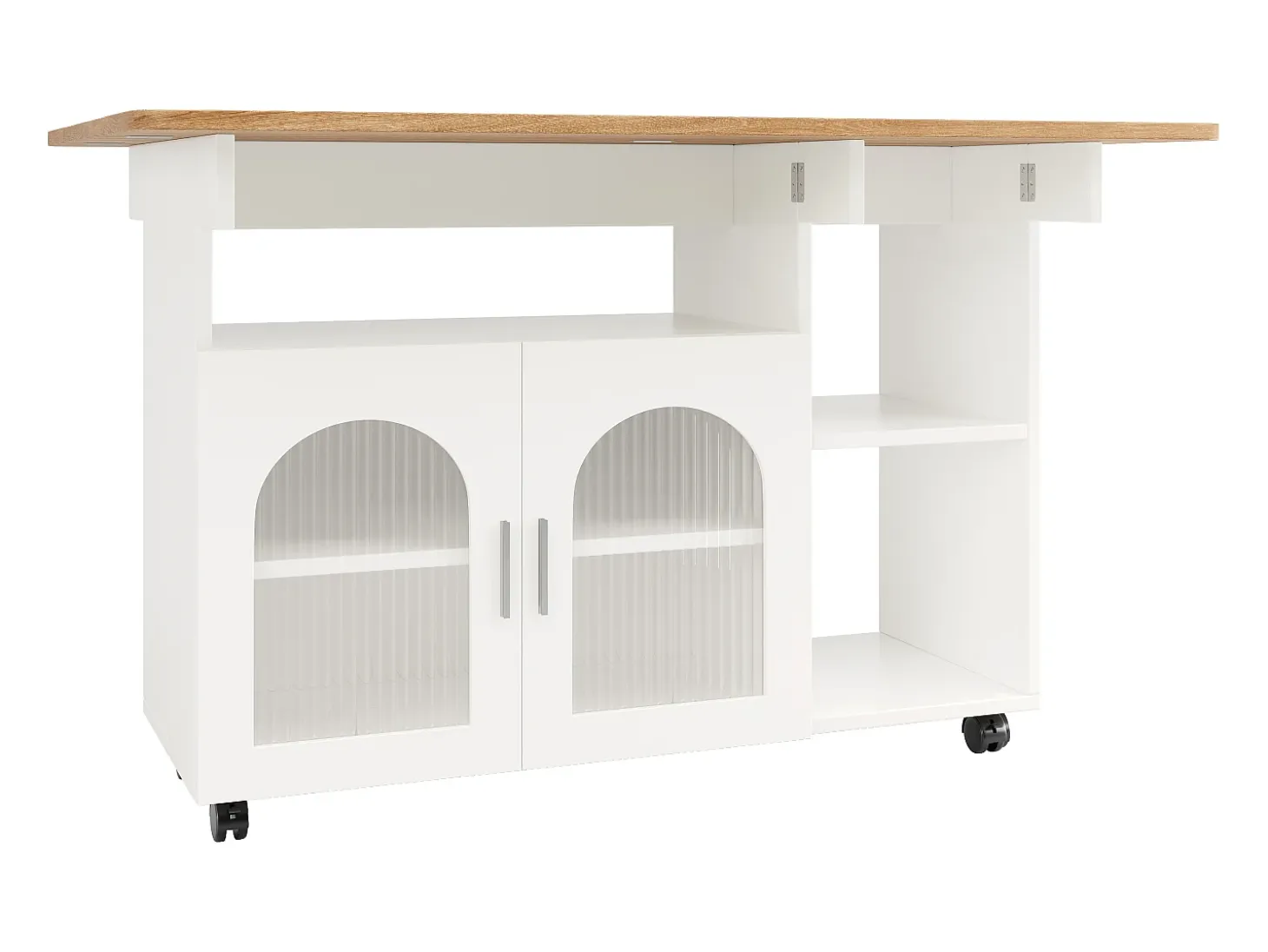 Isla central de cocina - carrito con ruedas y plancha extensible - 2 puertas y 3 compartimentos abiertos - Blanco