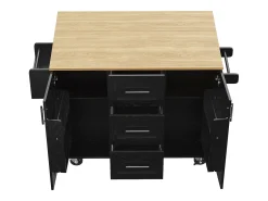 Isla central de cocina - carrito con ruedas y plancha extensible - 3 cajones y 2 puertas - Negro