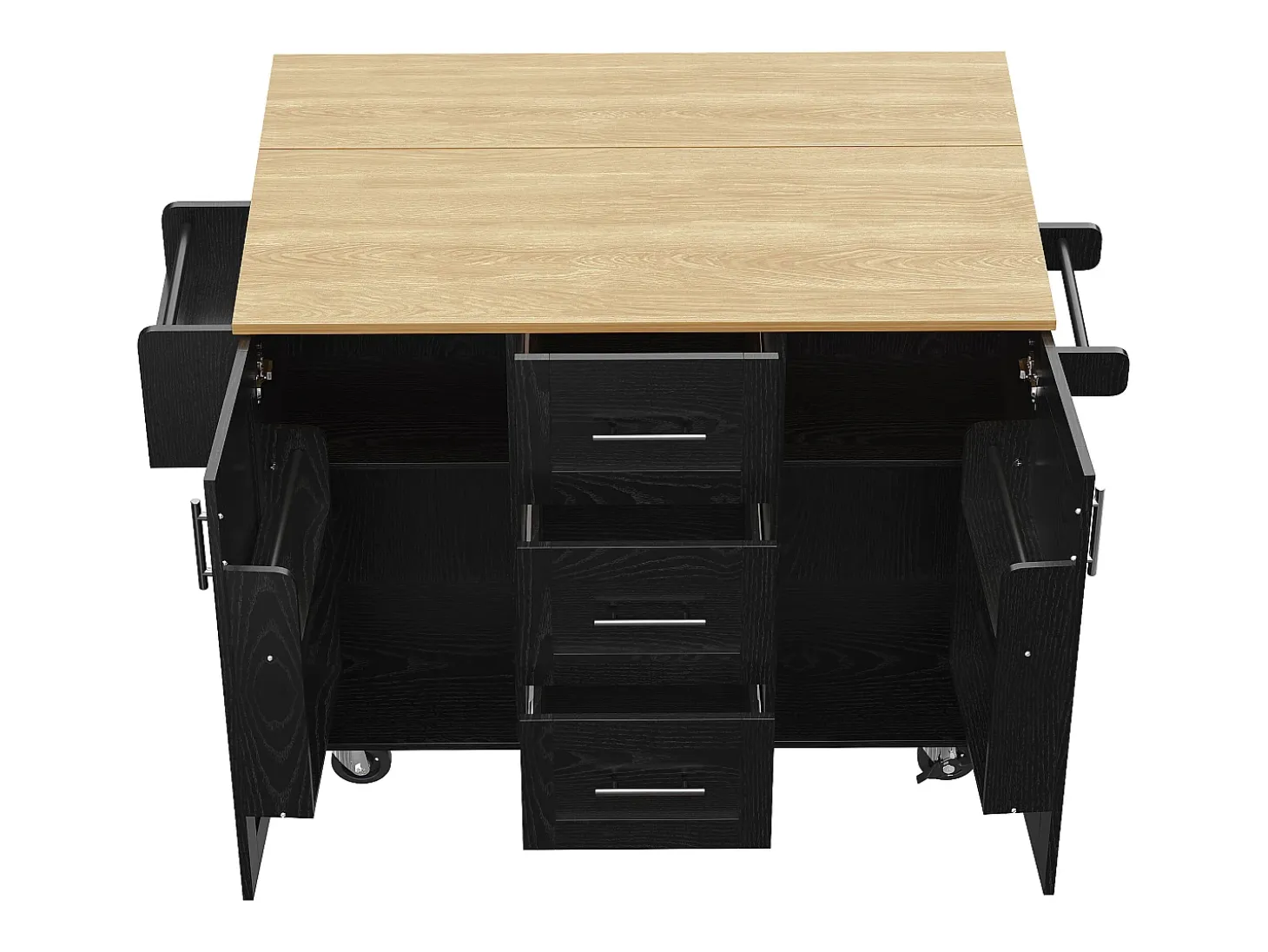 Isla central de cocina - carrito con ruedas y plancha extensible - 3 cajones y 2 puertas - Negro