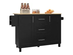 Isla central de cocina - carrito con ruedas y plancha extensible - 3 cajones y 2 puertas - Negro