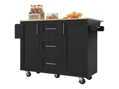 Isla central de cocina - carrito con ruedas y plancha extensible - 3 cajones y 2 puertas - Negro