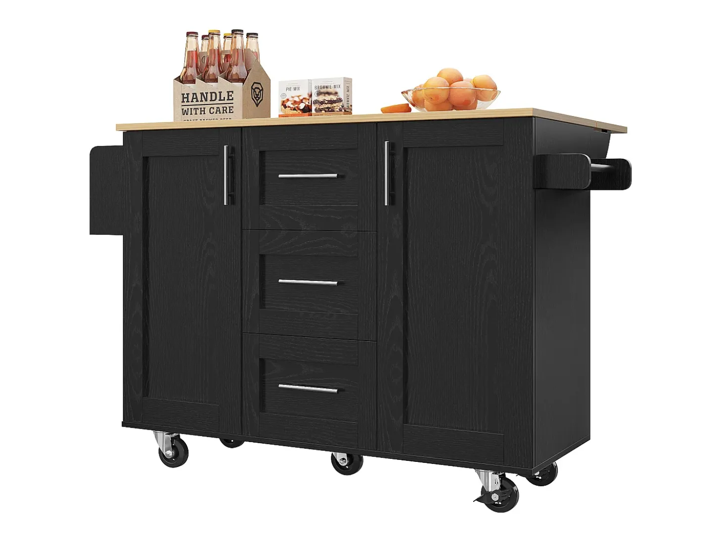 Isla central de cocina - carrito con ruedas y plancha extensible - 3 cajones y 2 puertas - Negro