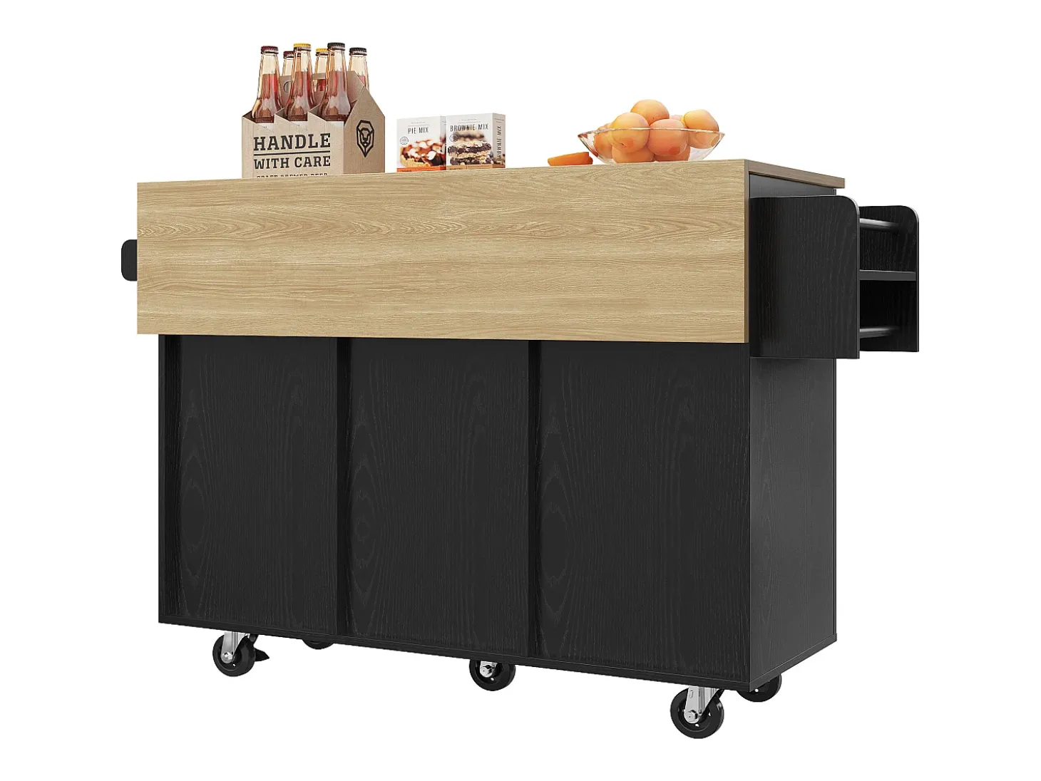 Isla central de cocina - carrito con ruedas y plancha extensible - 3 cajones y 2 puertas - Negro