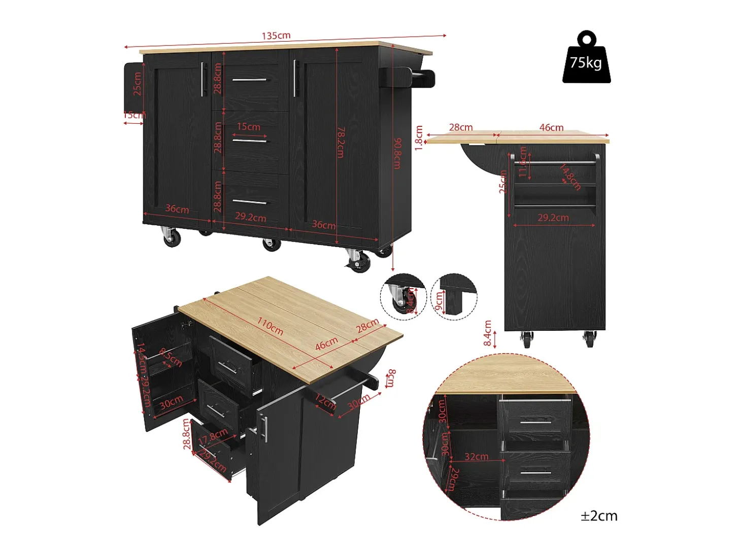 Isla central de cocina - carrito con ruedas y plancha extensible - 3 cajones y 2 puertas - Negro