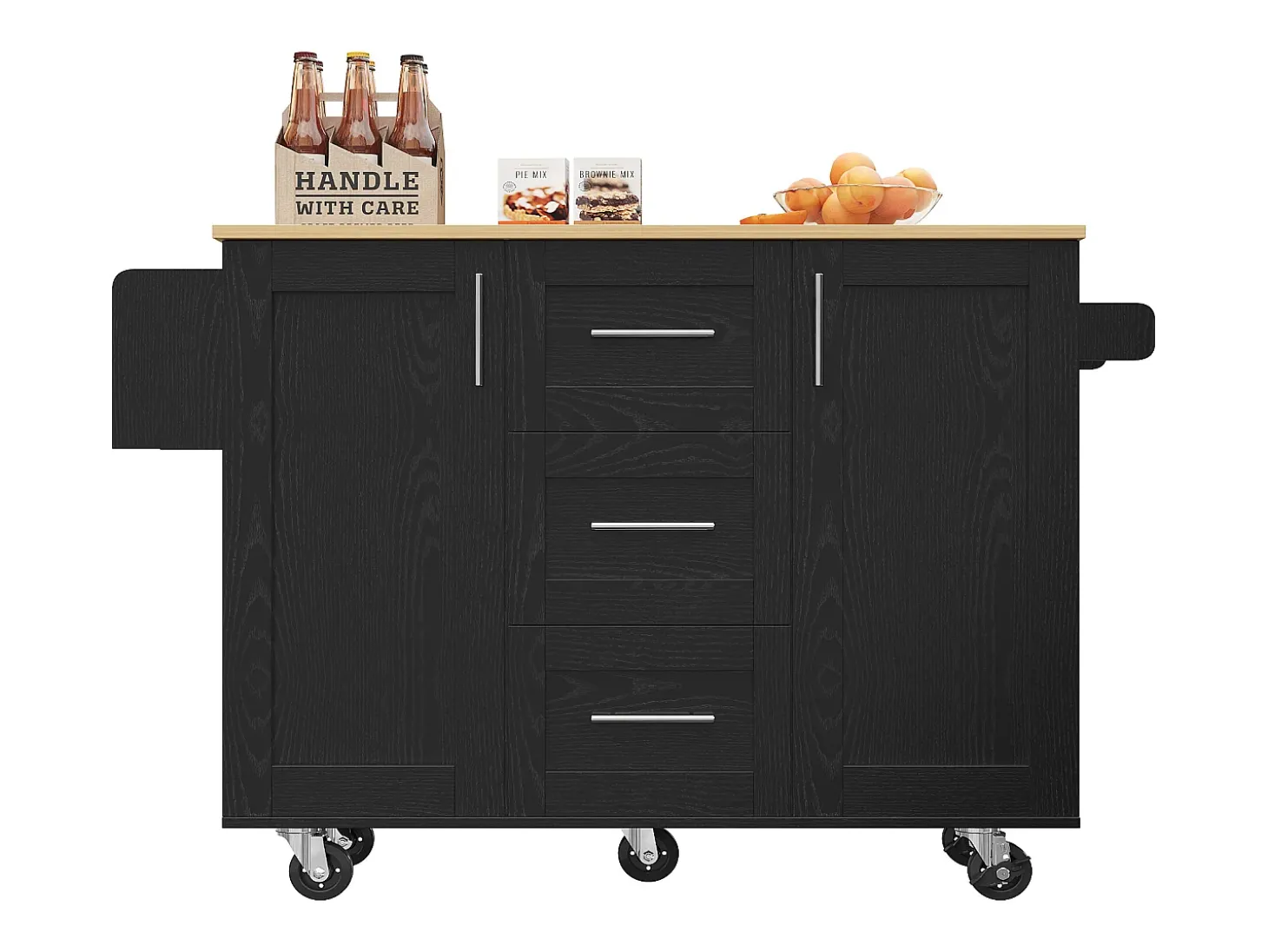 Isla central de cocina - carrito con ruedas y plancha extensible - 3 cajones y 2 puertas - Negro