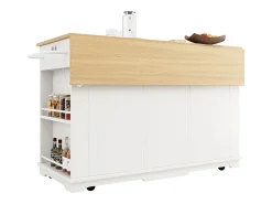 Isla central de cocina - carrito con ruedas y tomas - con plancha extensible - 2 puertas 2 cajones y 2 compartimentos - Blanco