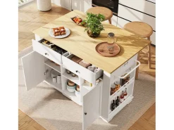 Isla central de cocina - carrito con ruedas y tomas - con plancha extensible - 2 puertas 2 cajones y 2 compartimentos - Blanco