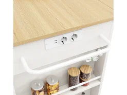 Isla central de cocina - carrito con ruedas y tomas - con plancha extensible - 2 puertas 2 cajones y 2 compartimentos - Blanco
