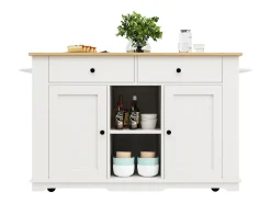 Isla central de cocina - carrito con ruedas y tomas - con plancha extensible - 2 puertas 2 cajones y 2 compartimentos - Blanco