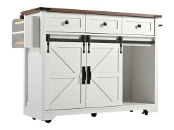 Isla central de cocina - con tabla deslizante - 2 puertas correderas con estanterías y 3 cajones - Beige