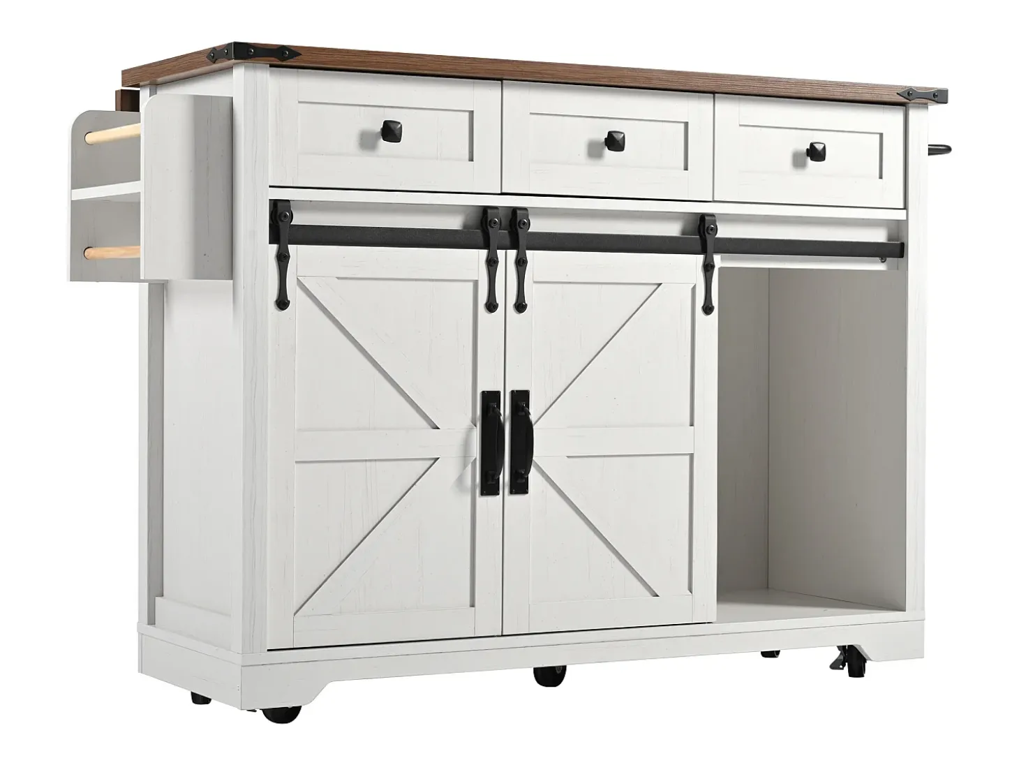 Isla central de cocina - con tabla deslizante - 2 puertas correderas con estanterías y 3 cajones - Beige