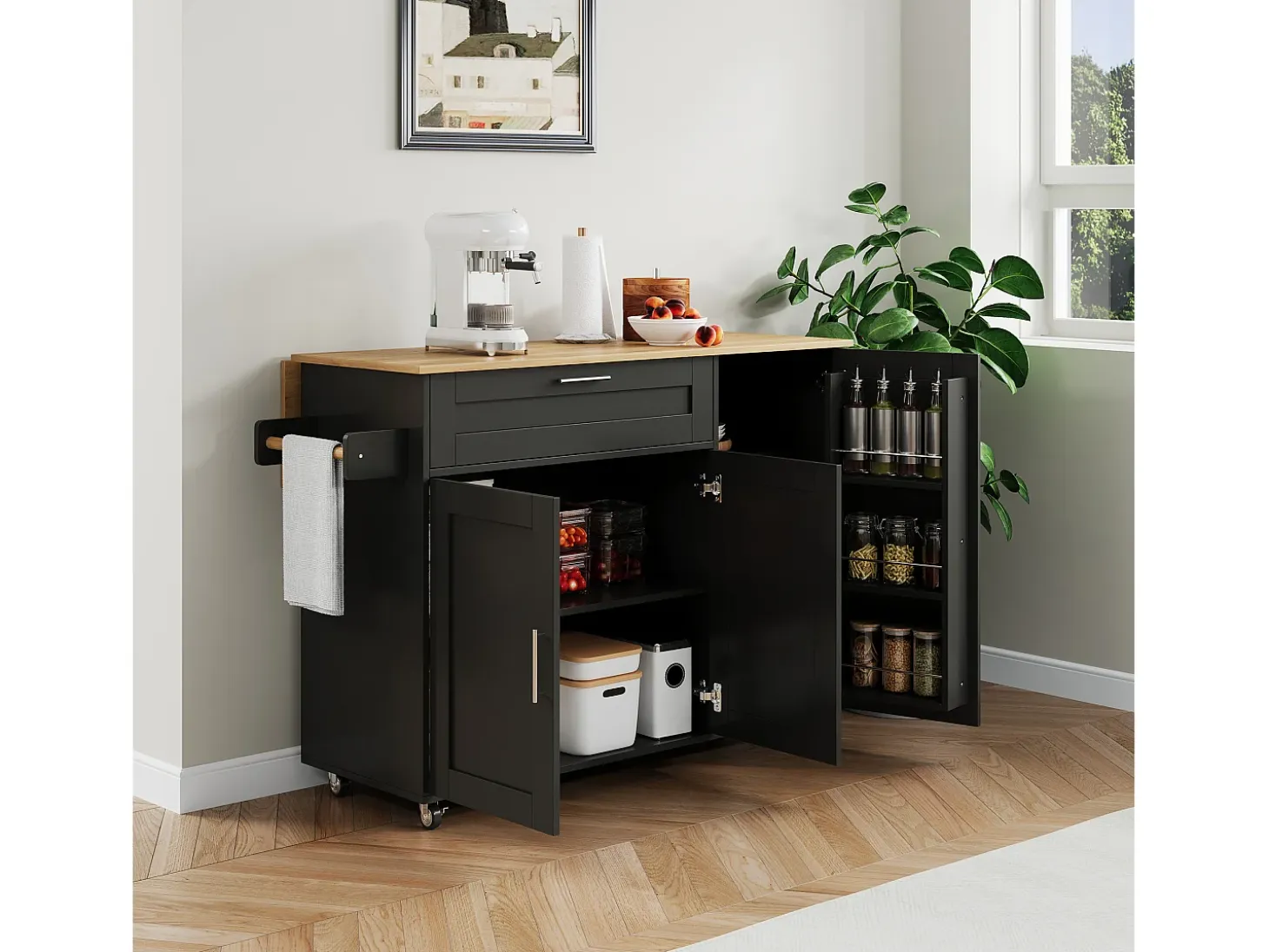 Isla central de cocina - con mostrador plegable - múltiples compartimentos de almacenamiento - Negro