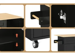 Isla central de cocina - con mostrador plegable - múltiples compartimentos de almacenamiento - Negro