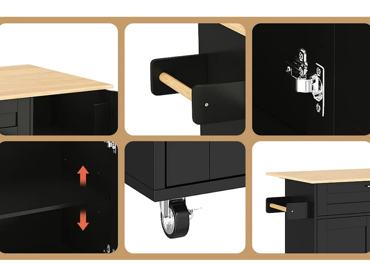 Isla central de cocina - con mostrador plegable - múltiples compartimentos de almacenamiento - Negro