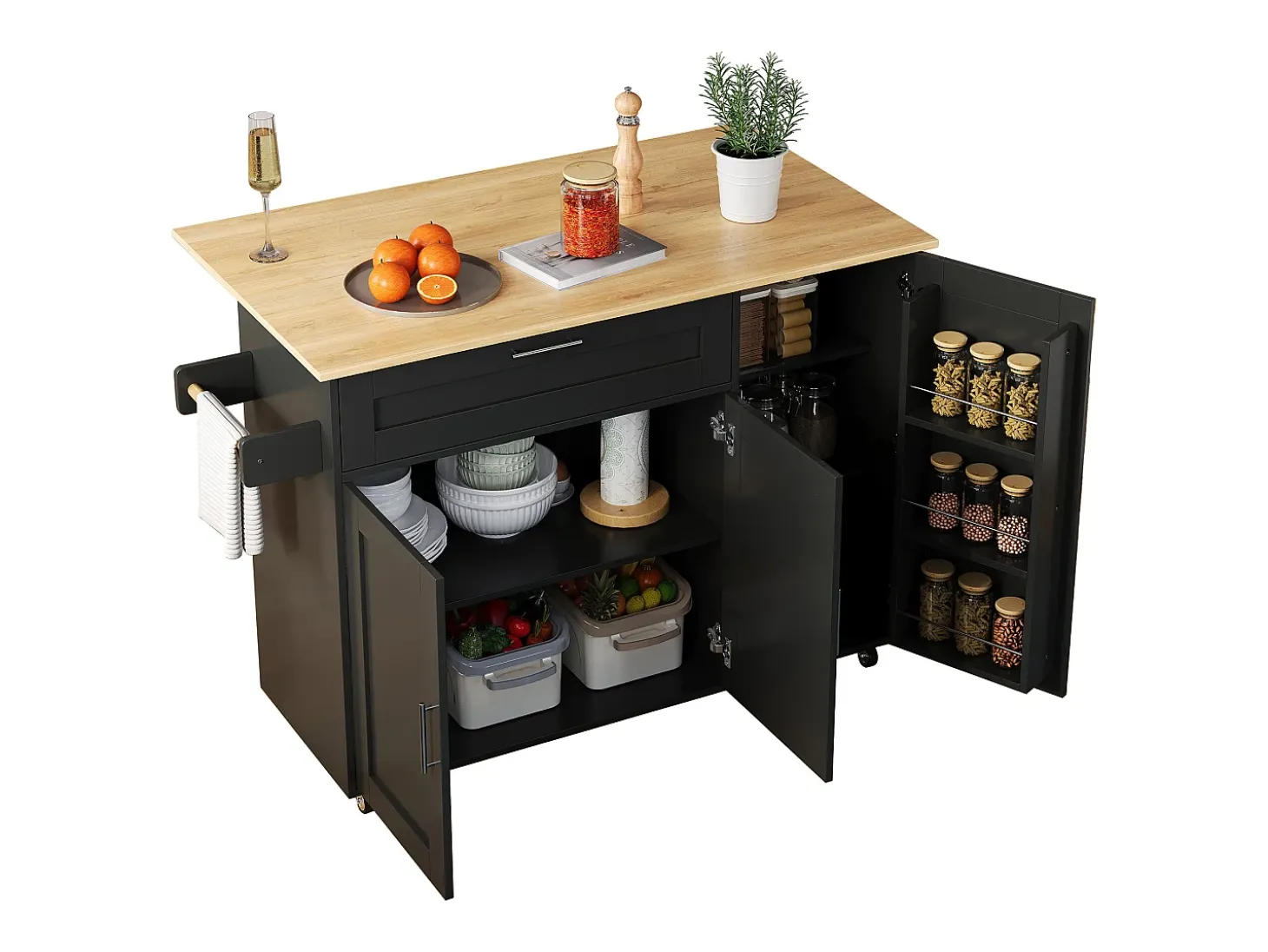 Isla central de cocina - con mostrador plegable - múltiples compartimentos de almacenamiento - Negro