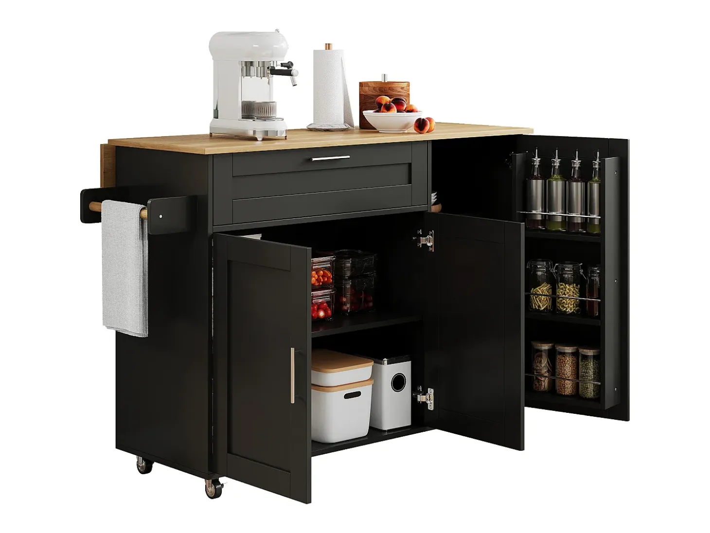 Isla central de cocina - con mostrador plegable - múltiples compartimentos de almacenamiento - Negro