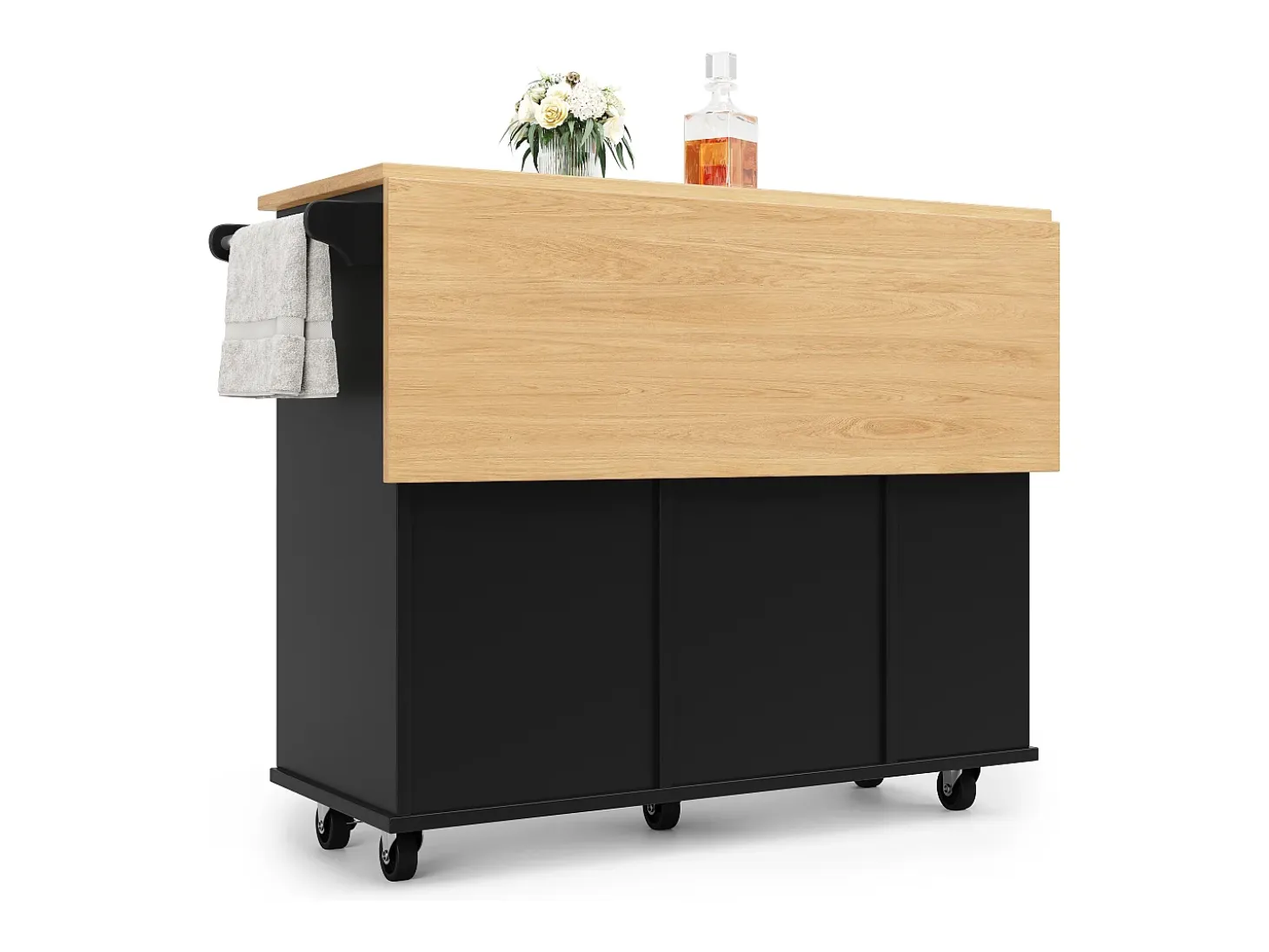 Isla central de cocina - carrito con ruedas y plancha extensible - 2 cajones y 1 puerta - Negro