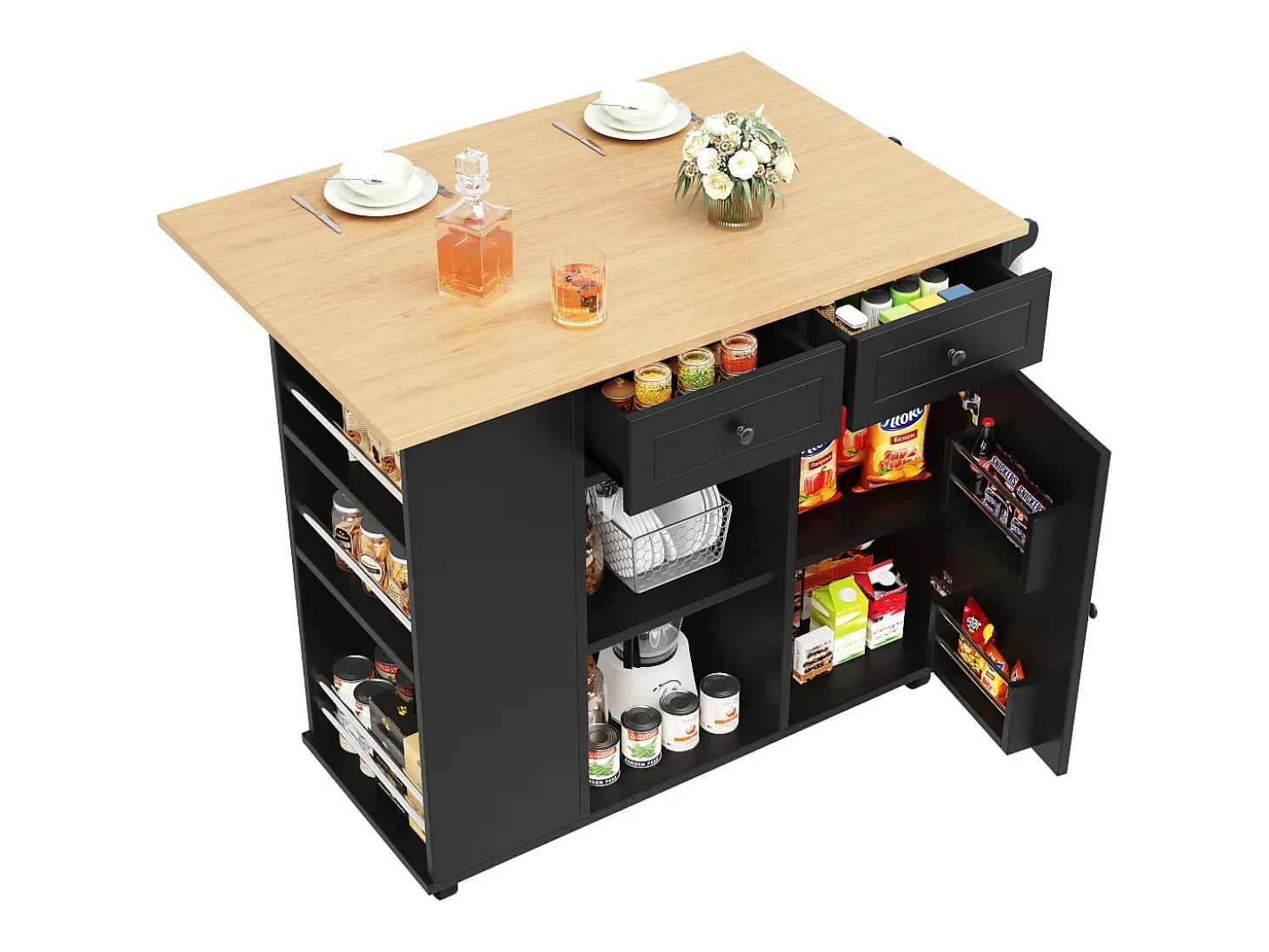 Isla central de cocina - carrito con ruedas y plancha extensible - 2 cajones y 1 puerta - Negro