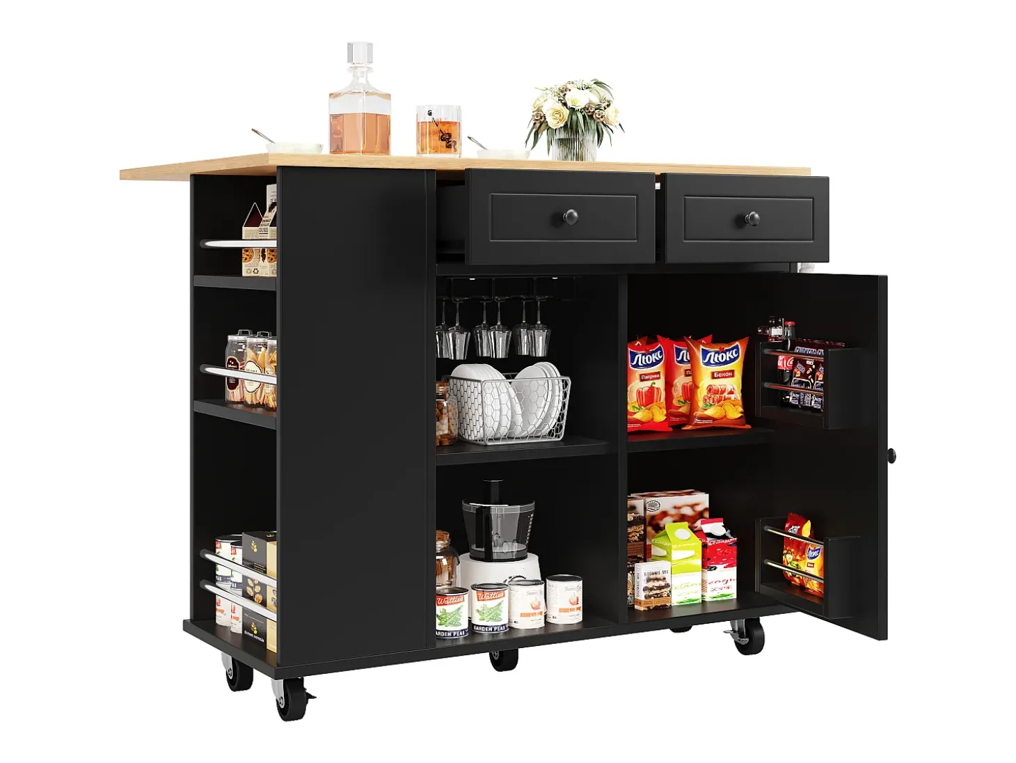 Isla central de cocina - carrito con ruedas y plancha extensible - 2 cajones y 1 puerta - Negro
