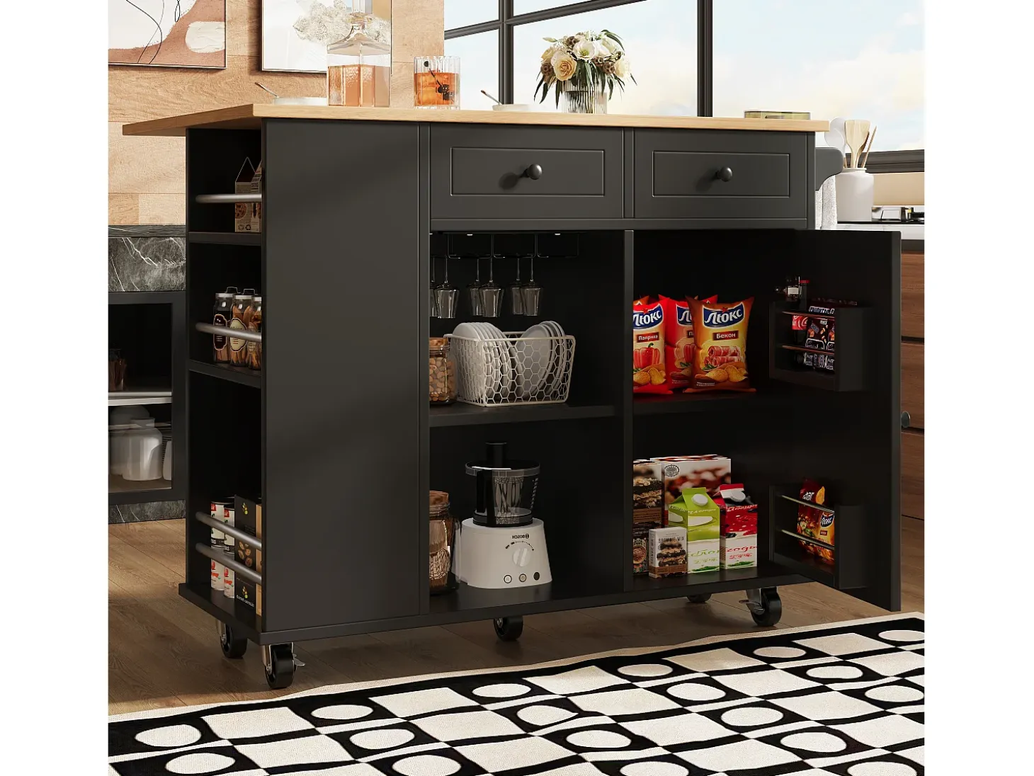 Isla central de cocina - carrito con ruedas y plancha extensible - 2 cajones y 1 puerta - Negro