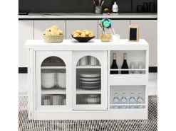 Isla central de cocina - con tabla pivotante deslizante - con puertas de vidrio y espacio de almacenamiento - MDF - Blanco