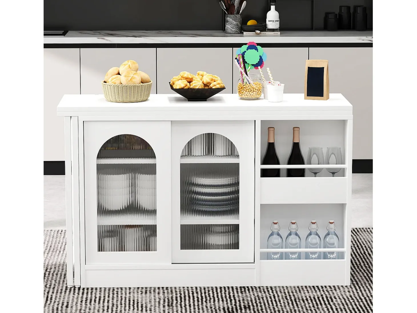 Isla central de cocina - con tabla pivotante deslizante - con puertas de vidrio y espacio de almacenamiento - MDF - Blanco
