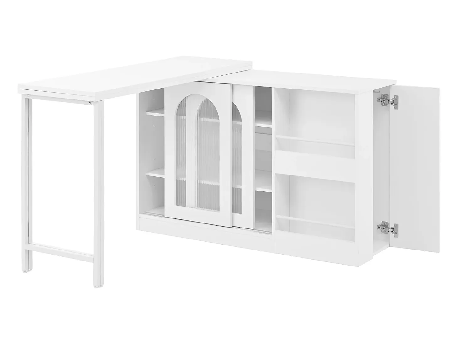 Isla central de cocina - con tabla pivotante deslizante - con puertas de vidrio y espacio de almacenamiento - MDF - Blanco