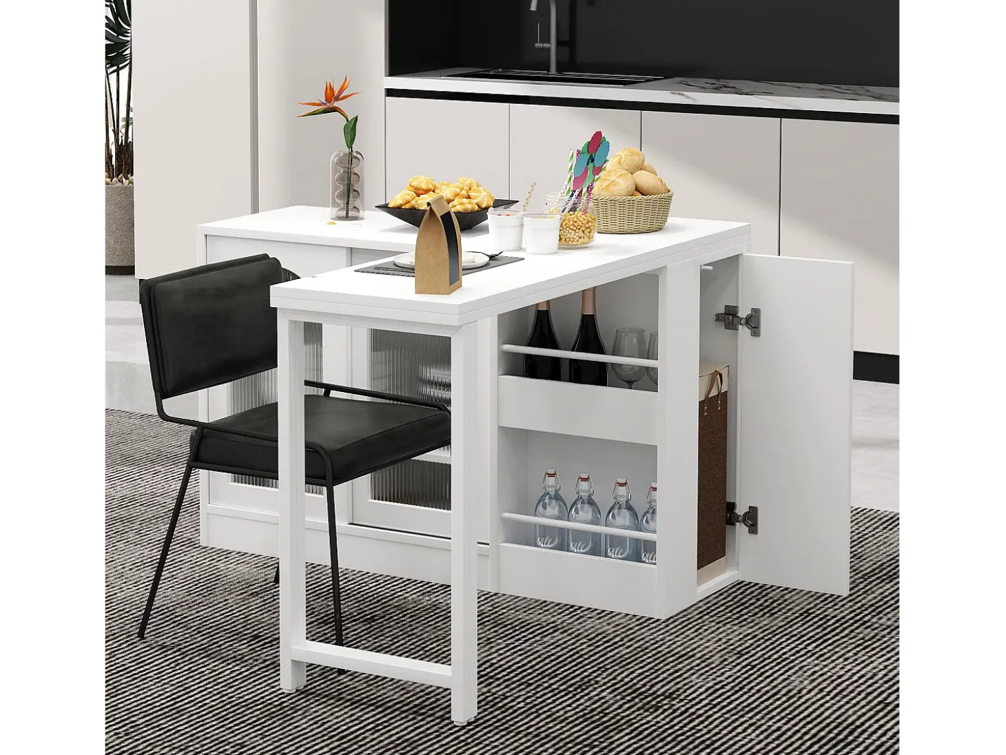 Isla central de cocina - con tabla pivotante deslizante - con puertas de vidrio y espacio de almacenamiento - MDF - Blanco