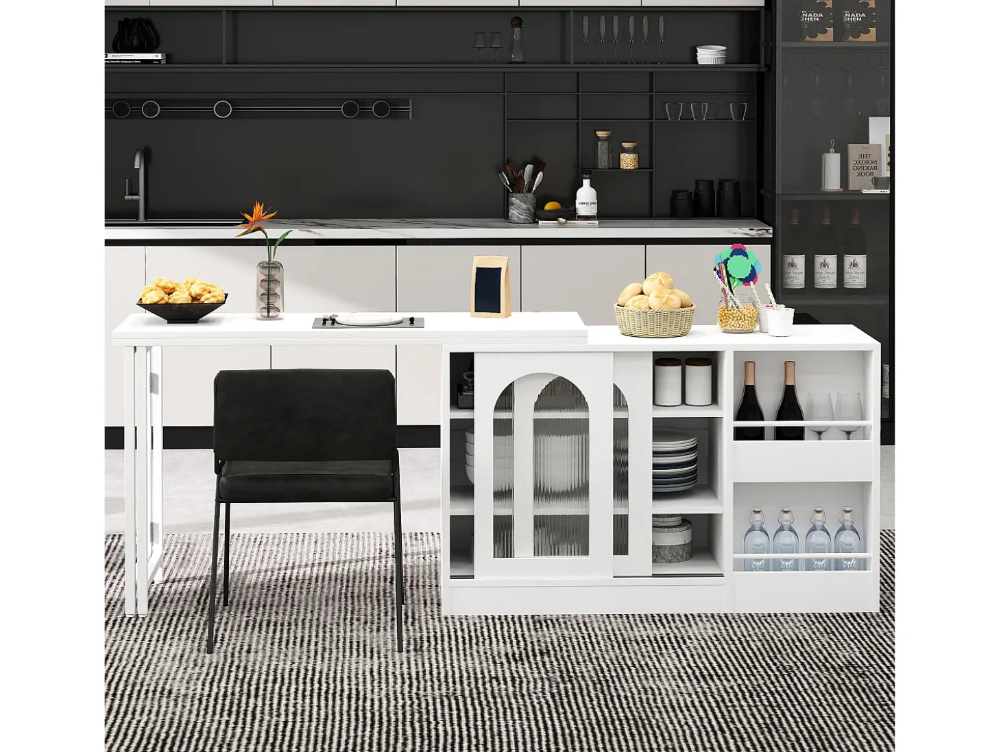 Isla central de cocina - con tabla pivotante deslizante - con puertas de vidrio y espacio de almacenamiento - MDF - Blanco