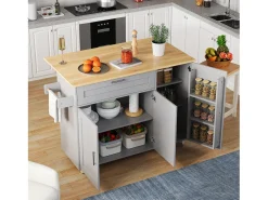 Isla central de cocina - con mostrador plegable - múltiples compartimentos de almacenamiento - Gris