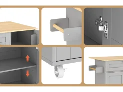 Isla central de cocina - con mostrador plegable - múltiples compartimentos de almacenamiento - Gris