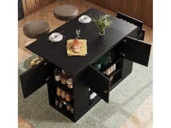 Isla central de cocina - Encimera extensible - 2 cajones y 3 puertas - Con estantes abiertos - MDF - negro