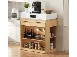 Isla central de cocina - mesa de comedor extensible - con toma de corriente - con ruedas y espacio de almacenamiento - con gancho - Natural