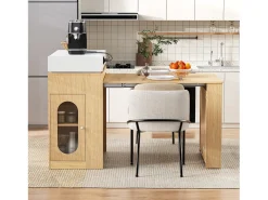 Isla central de cocina - mesa de comedor extensible - con toma de corriente - con ruedas y espacio de almacenamiento - con gancho - Natural