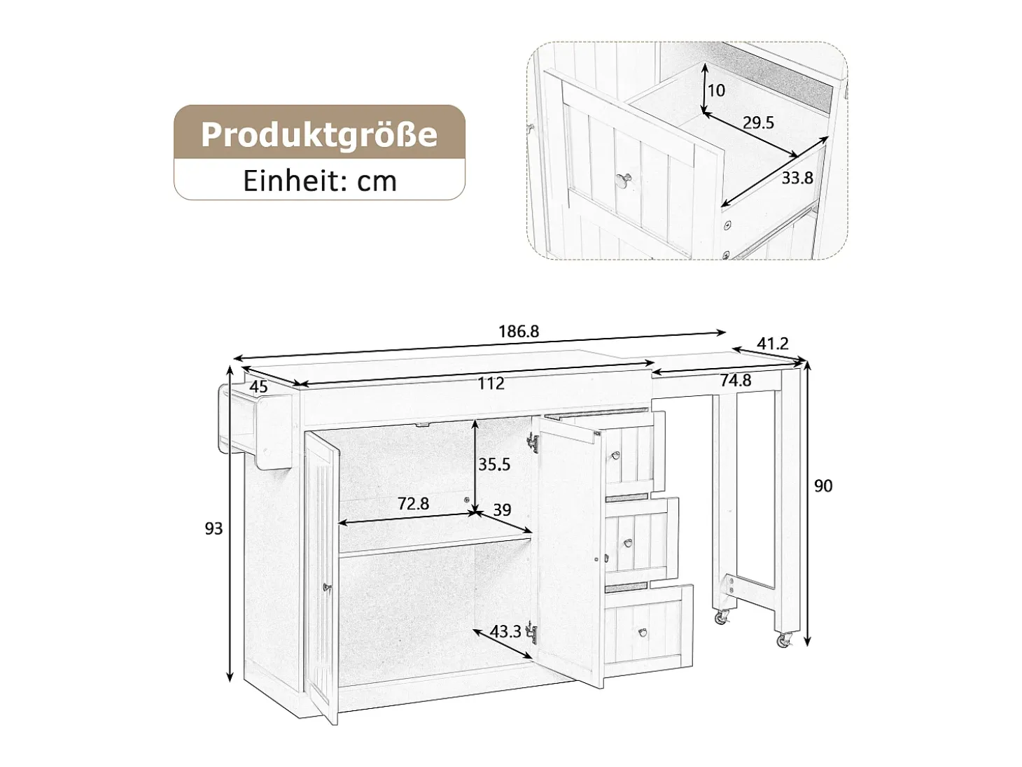 Isla central de cocina - mesa de comedor extensible - con 1 puerto USB y 1 puerto Type-C - con estante de especias y ruedas - Natural + Blanco