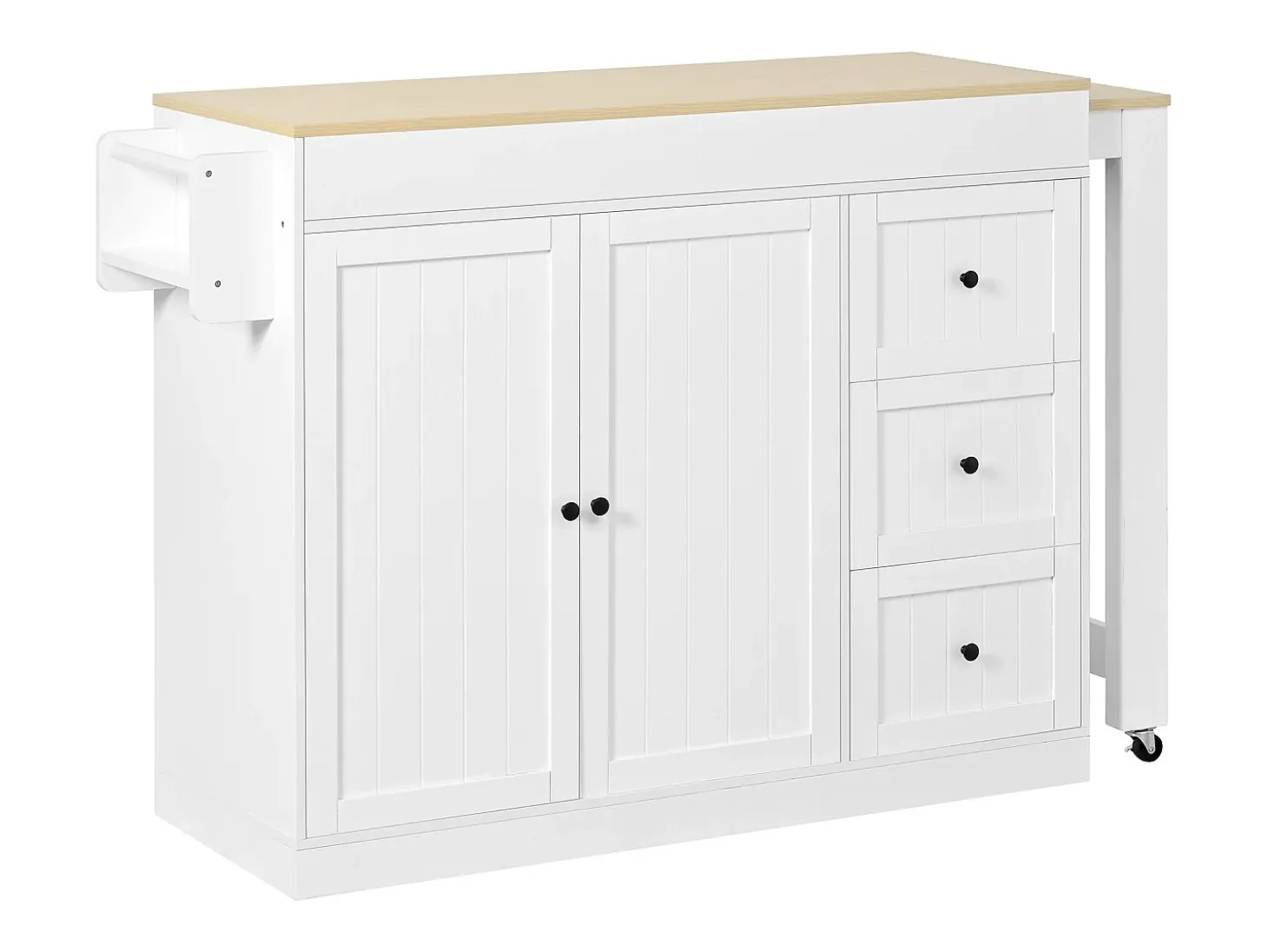 Isla central de cocina - mesa de comedor extensible - con 1 puerto USB y 1 puerto Type-C - con estante de especias y ruedas - Natural + Blanco