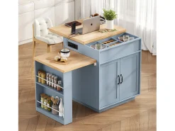 Isla central de cocina - mesa de comedor extensible - con iluminación LED - con toma de corriente - con ruedas y espacio de almacenamiento - Azul