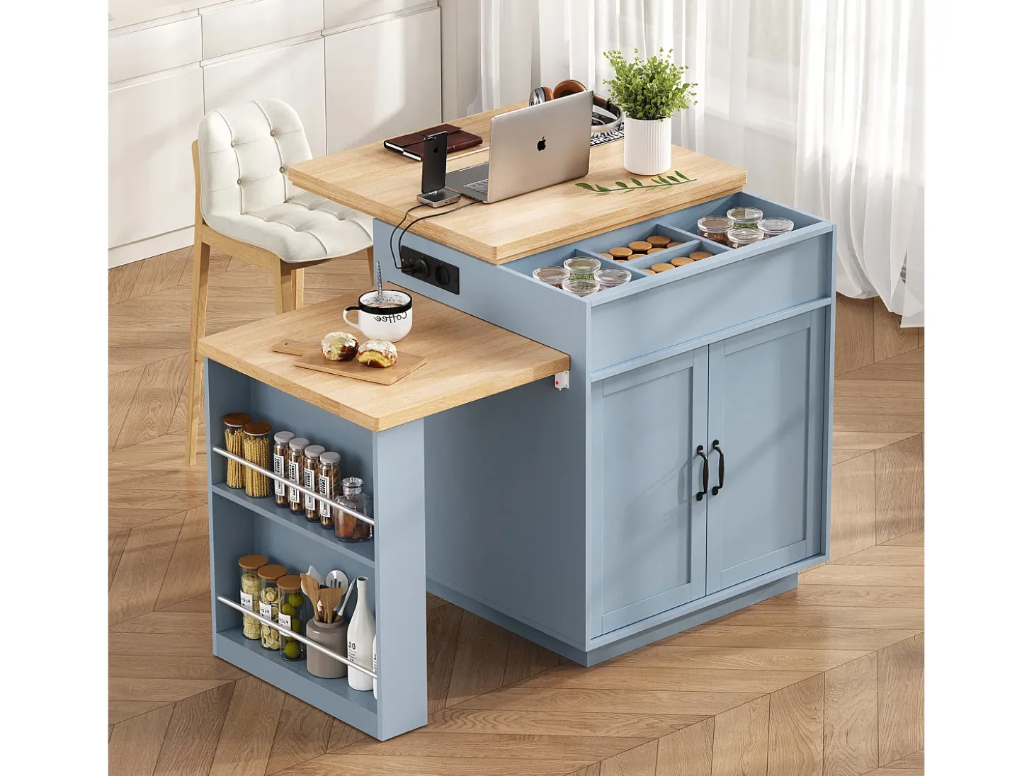 Isla central de cocina - mesa de comedor extensible - con iluminación LED - con toma de corriente - con ruedas y espacio de almacenamiento - Azul