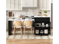 Isla central de cocina - mesa de comedor extensible - con iluminación LED - con toma de corriente - con ruedas y espacio de almacenamiento - Negro + Blanco