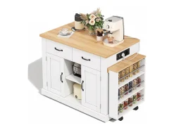 Isla central de cocina - mesa de comedor extensible - con toma de corriente - con ruedas y espacio de almacenamiento - Natural + Blanco