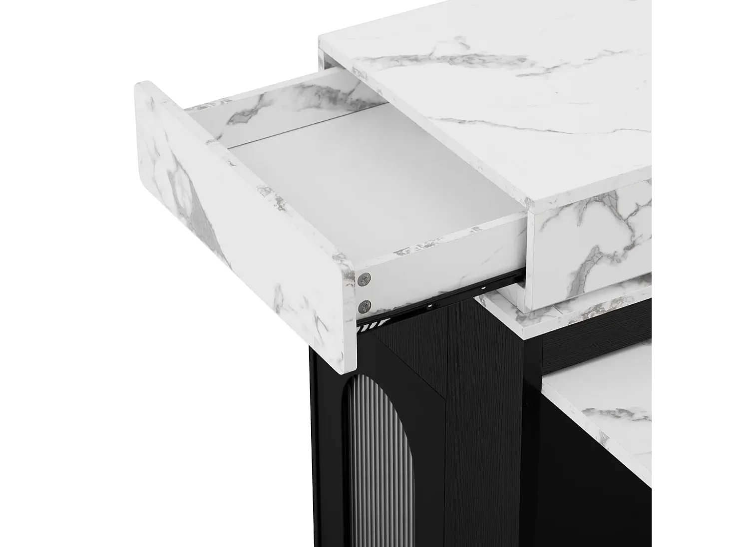Isla central de cocina - mesa de comedor extensible - con toma de corriente - con ruedas y espacio de almacenamiento - con gancho - Negro + Blanco