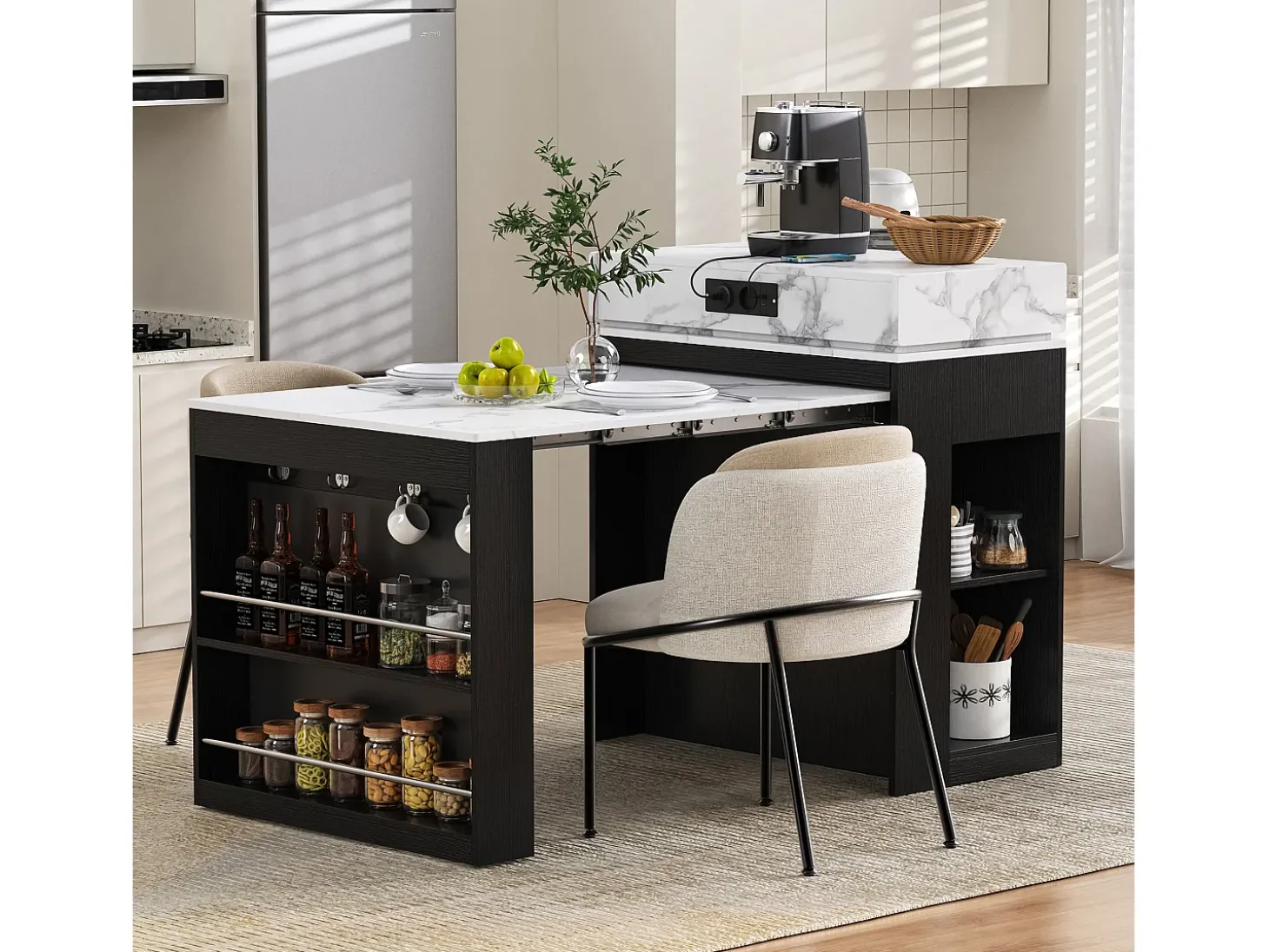 Isla central de cocina - mesa de comedor extensible - con toma de corriente - con ruedas y espacio de almacenamiento - con gancho - Negro + Blanco