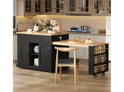 Isla central de cocina - mesa de comedor extensible - con toma de corriente - con ruedas y espacio de almacenamiento - Natural + Negro