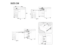 Isla central de cocina - mesa de comedor extensible - con toma de corriente - con ruedas y espacio de almacenamiento - con gancho - Marrón+Blanco