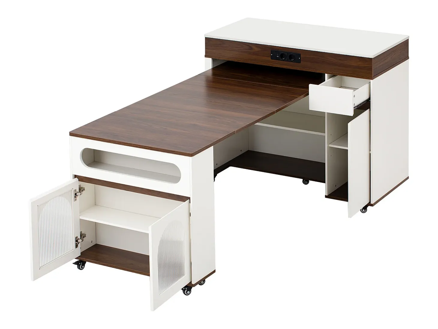 Isla central de cocina - mesa de comedor extensible - con toma de corriente - con ruedas y espacio de almacenamiento - con gancho - Marrón+Blanco