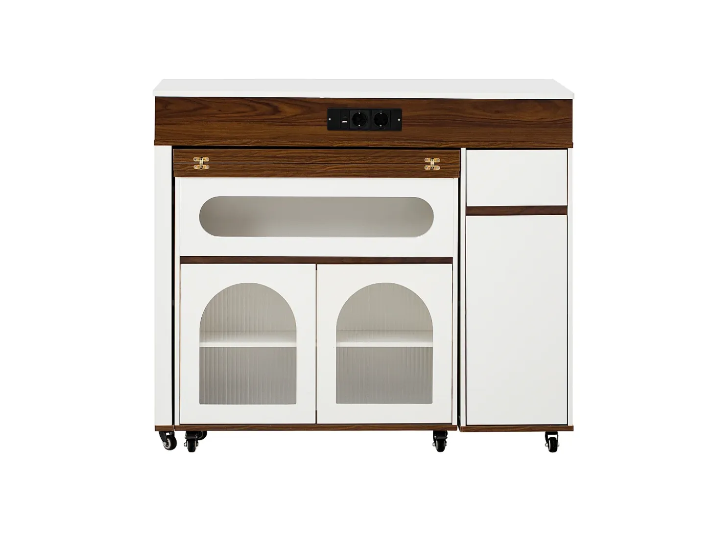 Isla central de cocina - mesa de comedor extensible - con toma de corriente - con ruedas y espacio de almacenamiento - con gancho - Marrón+Blanco