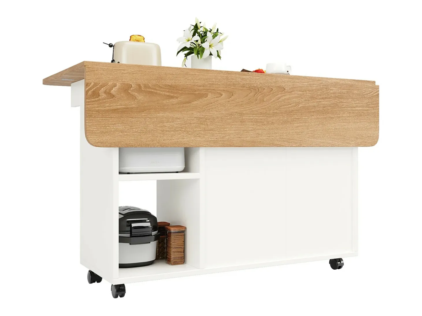 Isla Central de cocina 2 puertas y 3 estantes, con ruedas giratorias, mesa plegable, 120x30/70x79.5 cm, blanco