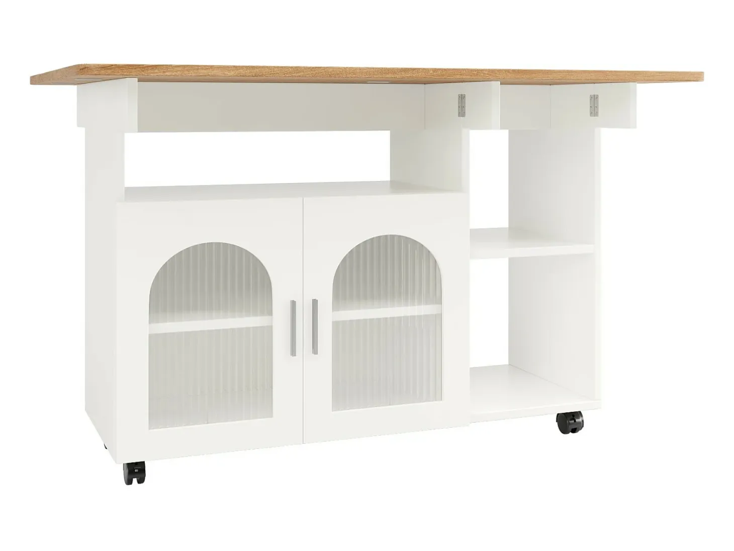 Isla Central de cocina 2 puertas y 3 estantes, con ruedas giratorias, mesa plegable, 120x30/70x79.5 cm, blanco