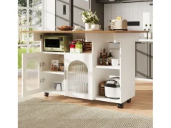 Isla Central de cocina 2 puertas y 3 estantes, con ruedas giratorias, mesa plegable, 120x30/70x79.5 cm, blanco